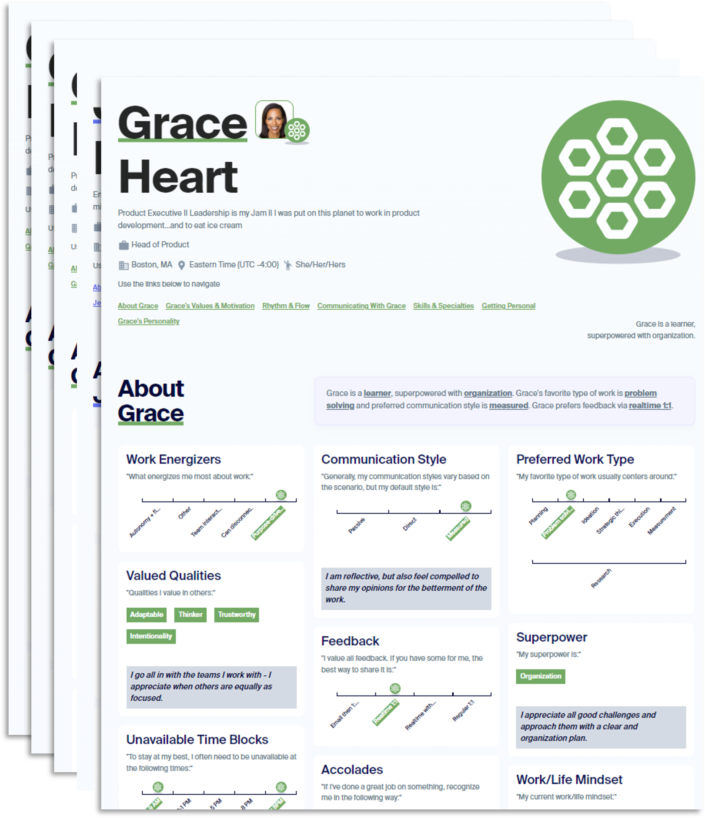 Image of LLUNA's Personal Operating Profile for a fictional person named Grace. 